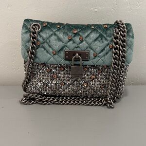 Kurt Geiger Teal Quilted & Tweed Chain Shoulder Bag